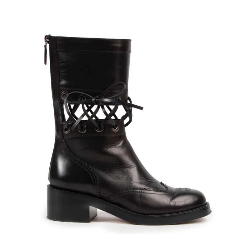 Chanel black lace up boots discount
