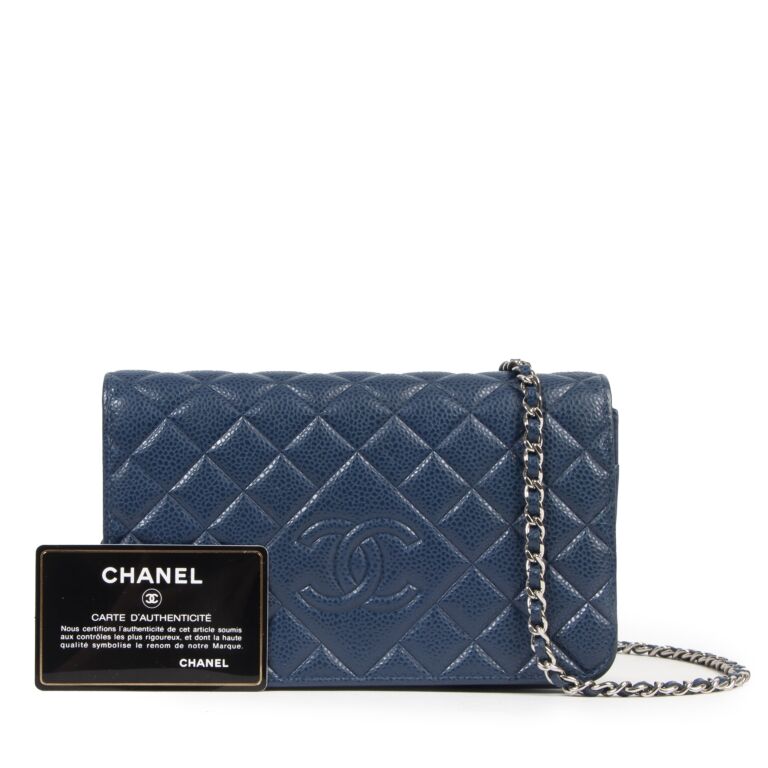 CHANEL Iridescent Caviar Quilted Wallet On Chain WOC Dark Blue