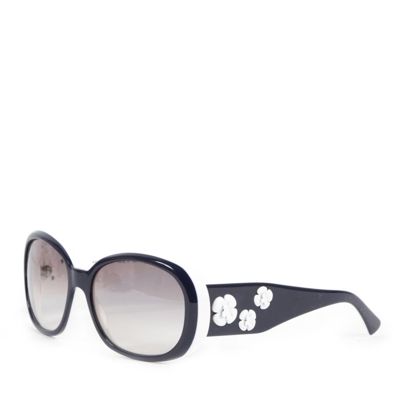 Chanel White Blue Frame Camellia Flower Sunglasses ○ Labellov