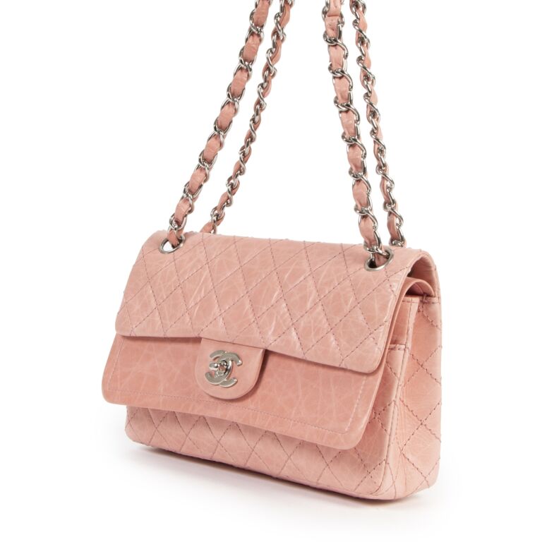 Chanel Pink Distressed Crinkled Calfskin Small Classic Double Flap