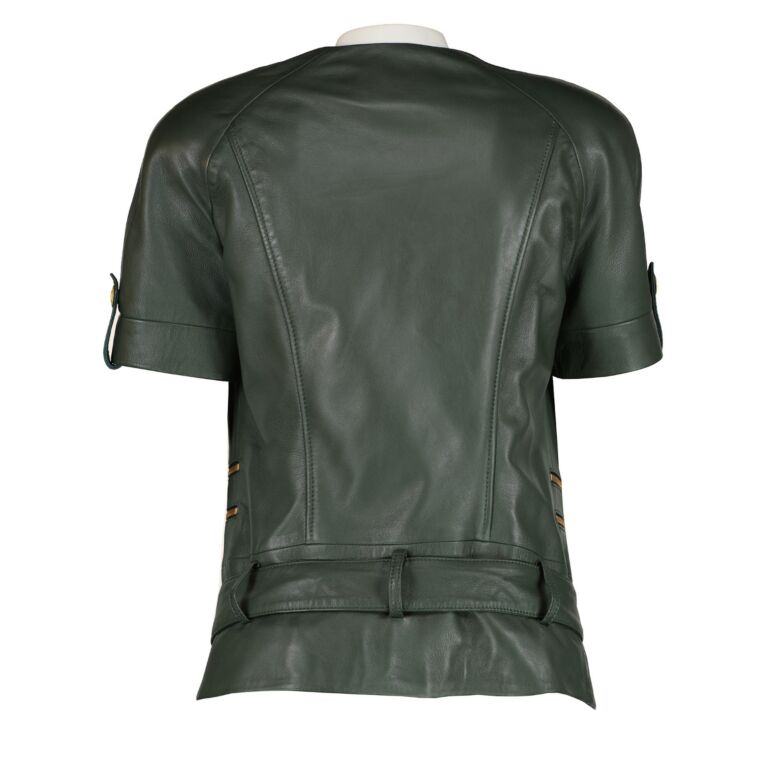 Pierre Balmain Green Leather Short-Sleeve Biker Jacket