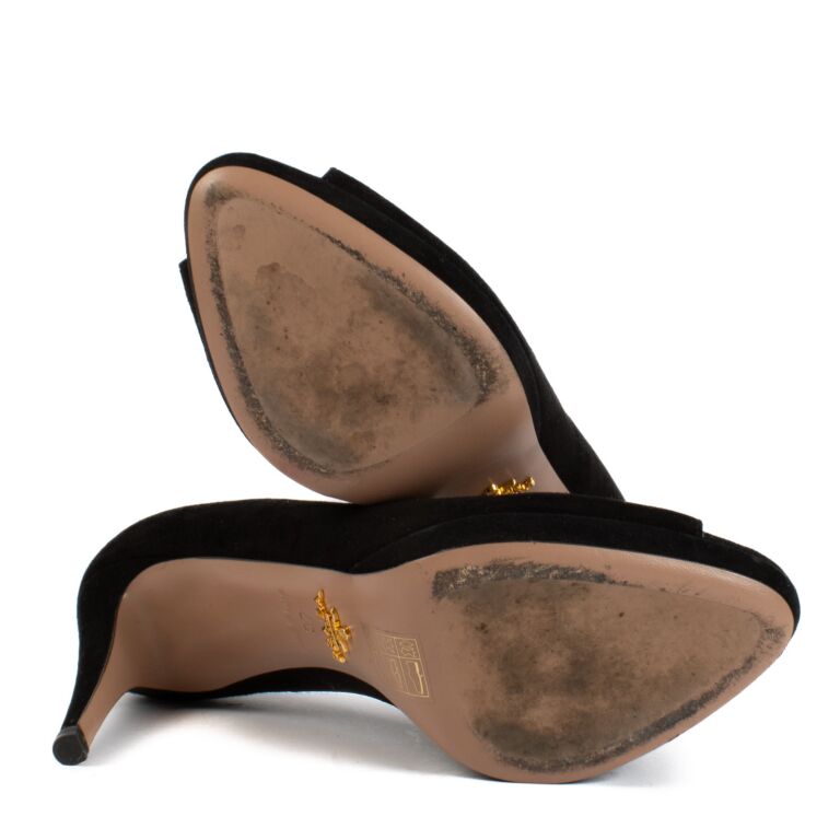 Prada Black Suede Peep-toe Heels - size 37 ○ Labellov