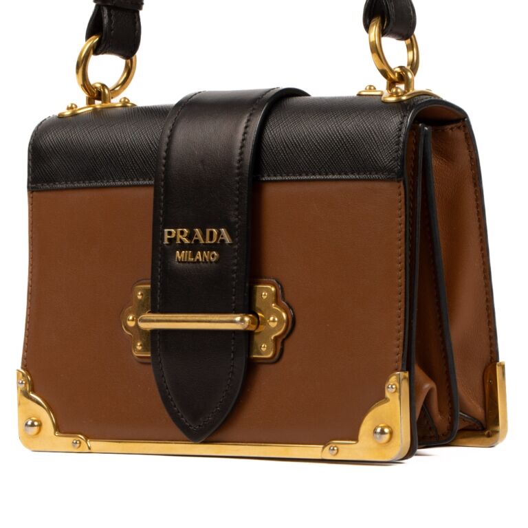 Prada Cognac Black City Calf Cahier Shoulder Bag Labellov