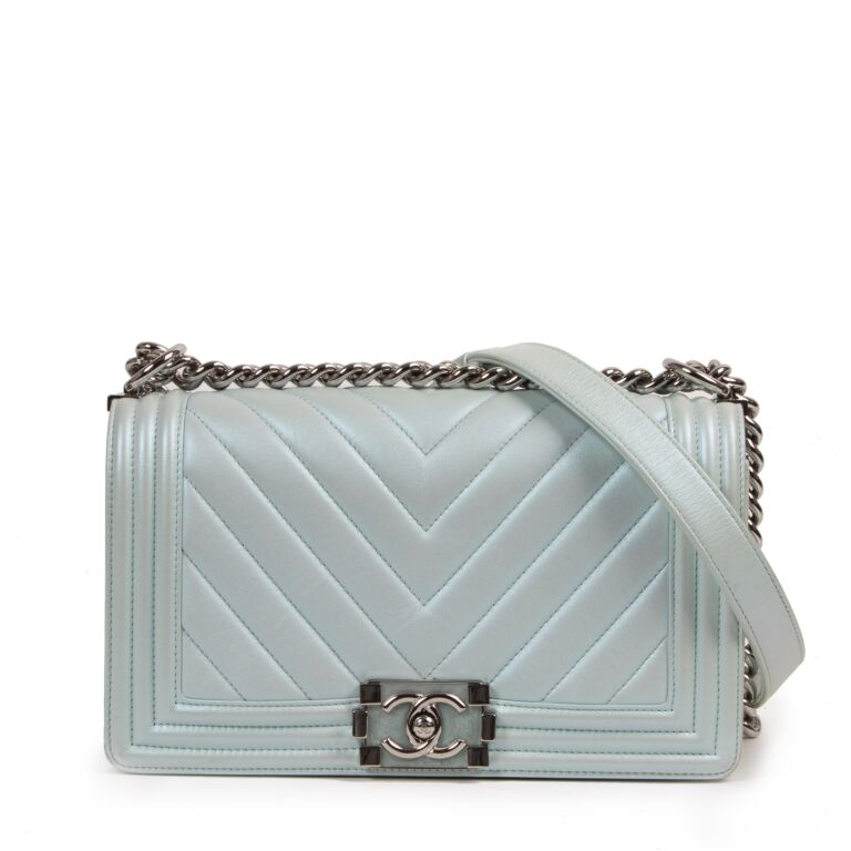 Chanel Metallic Light Blue Chevron Quilted Medium Boy Flap Labellov Buy and Sell Authentic Luxury