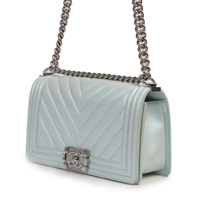 Chanel Metallic Light Blue Chevron Quilted Medium Boy Flap Labellov Buy and Sell Authentic Luxury
