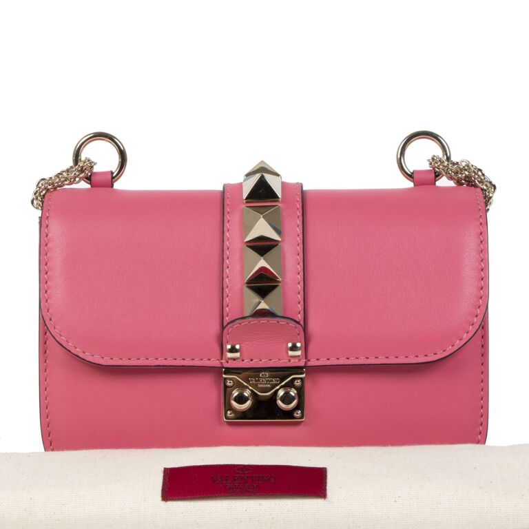 Valentino Pink Leather Medium Glam Lock Chain Shoulder Bag