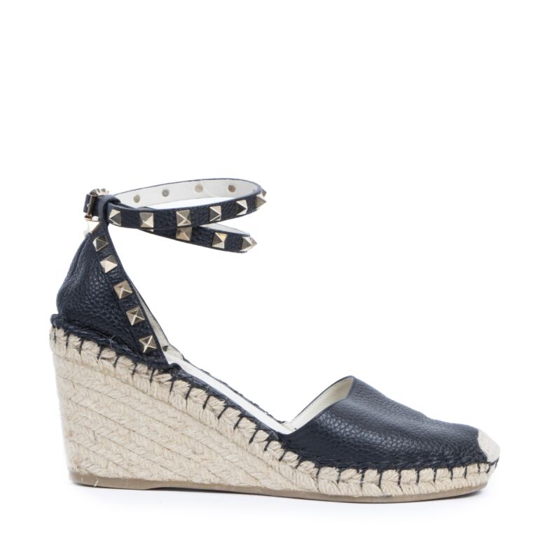 Valentino Rockstud Double Grainy Calfskin Leather Wedge Espadrille
