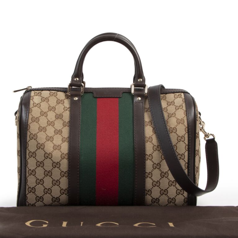 GUCCI VINTAGE WEB ORIGINAL GG CANVAS BEIGE/EBONY BOSTON BAG - CRTBLNCHSHP