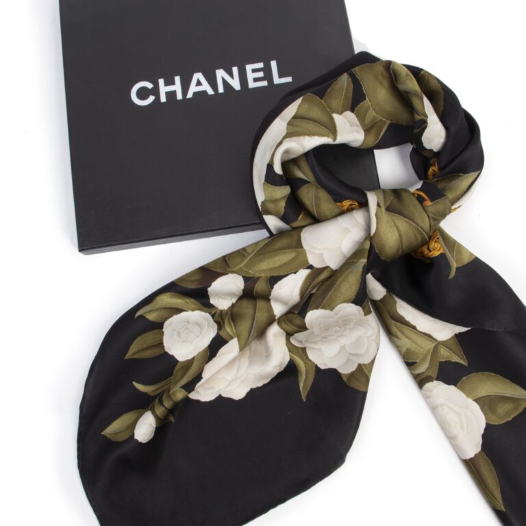 Chanel Black Floral Silk Scarf Labellov Buy and Sell Authentic Luxury