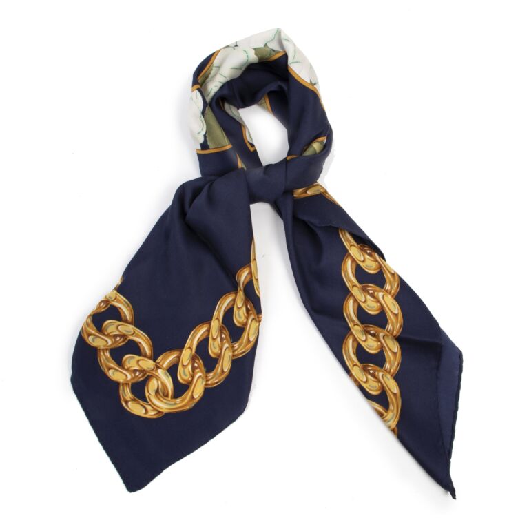 Chanel Logo Blue And Gold Silk Scarf Labellov Buy and Sell Authentic Luxury