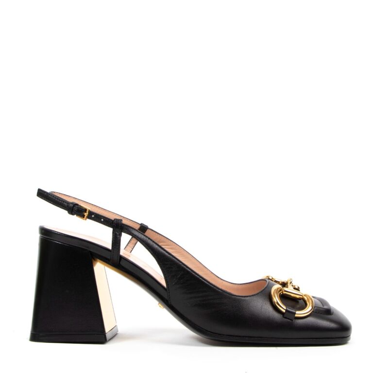 Gucci Black Leather Mid-heel Horsebit Slingback Pumps - Size 37 1/2 ...