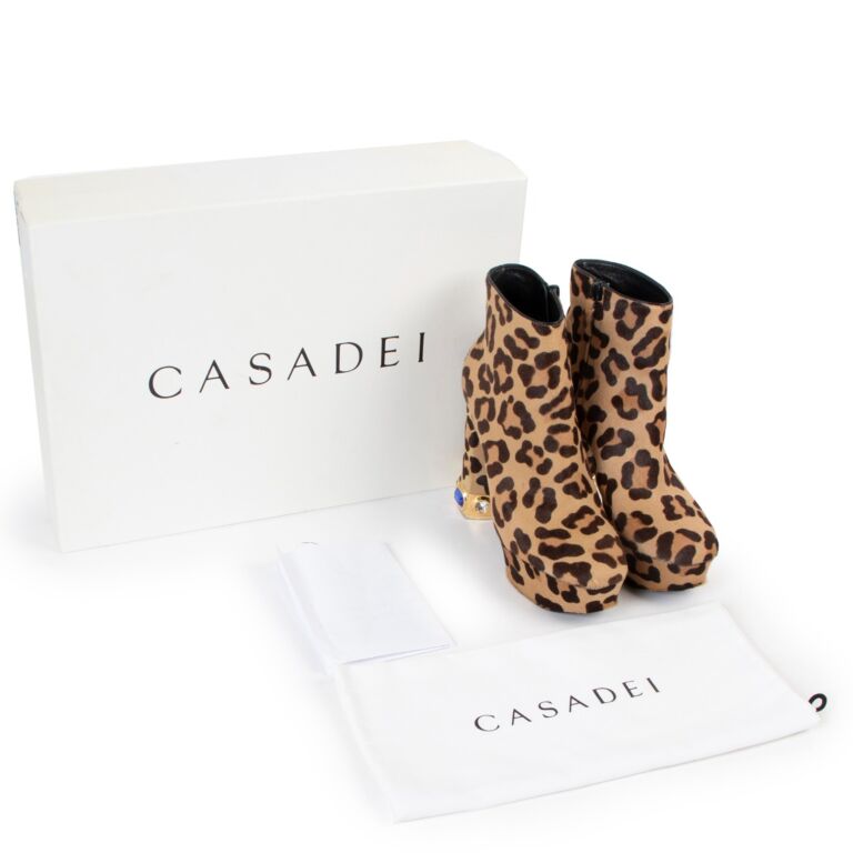Casadei Zimbabwe Leopard Crystal Platform Ankle Boots Size 38