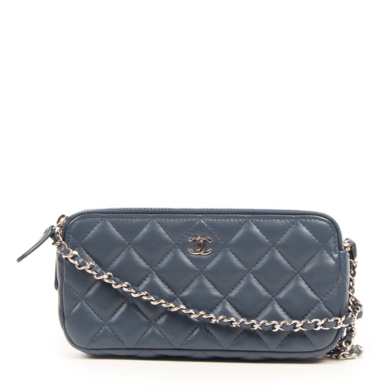 Chanel Blue Quilted Leather CC Double Zip Chain Clutch Chanel