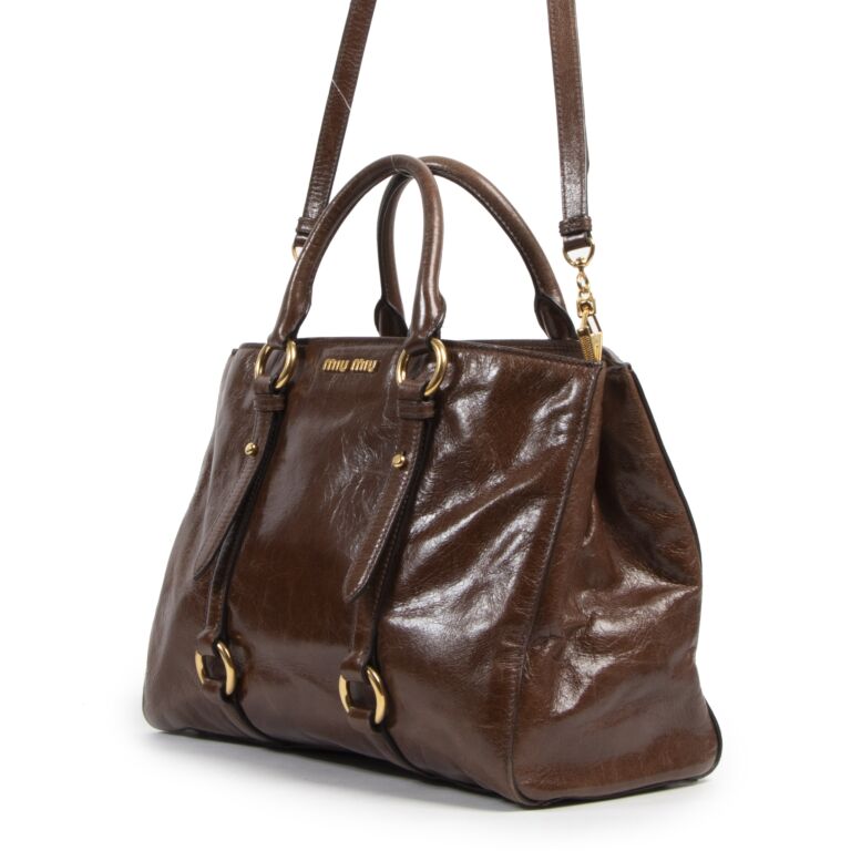 miumiu vitello shine handbag 2way 付属品全付き Miu Miu Brown Vitello Shine Patent Leather Satchel ○ Labellov