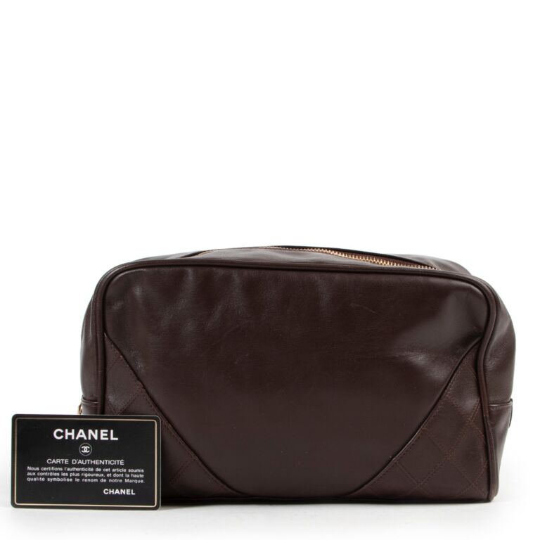 Chanel Vintage Brown Leather Vanity Cosmetic Pouch ○ Labellov
