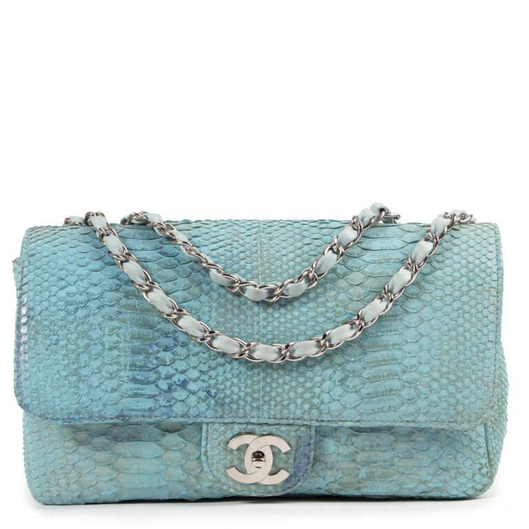 Chanel Turquois Blue Python Classic Jumbo Flap Bag Labellov