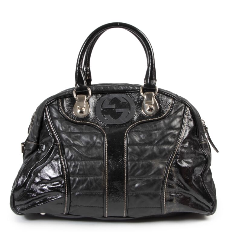 Gucci Black Patent Leather Bowler Top Handle Bag Labellov