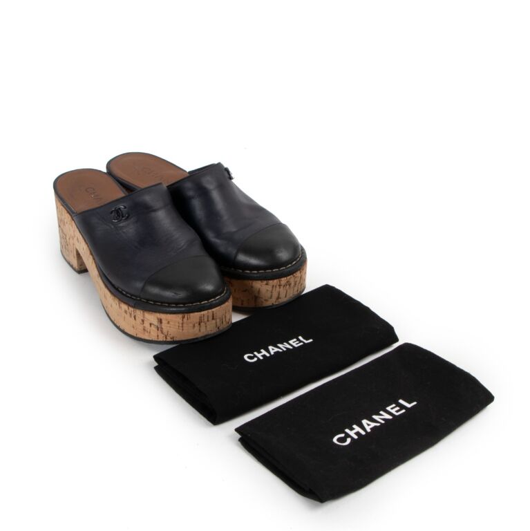Chanel 20P Black Beige Patent CC Logo Cork Mule Slide Platform Sandal Wedge  37