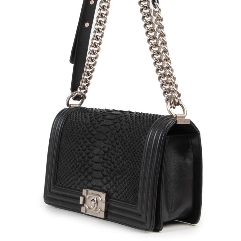 Chanel - Large Boy Flap Bag Ombré Patent Python Noir