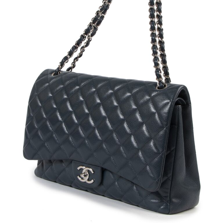 Chanel Navy Blue Caviar Classic Maxi Single Flap Bag SHW, Designer Brand, Authentic Chanel