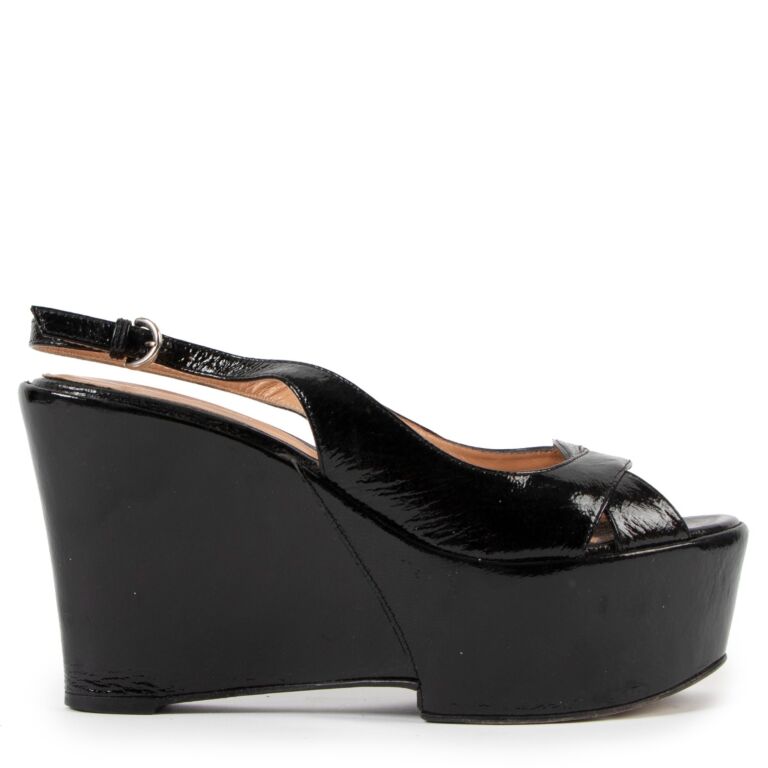 Black patent leather shop wedge sandals