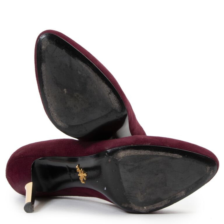 Prada Bordeaux Suede Gold Heels Pumps - Size 40 ○ Labellov