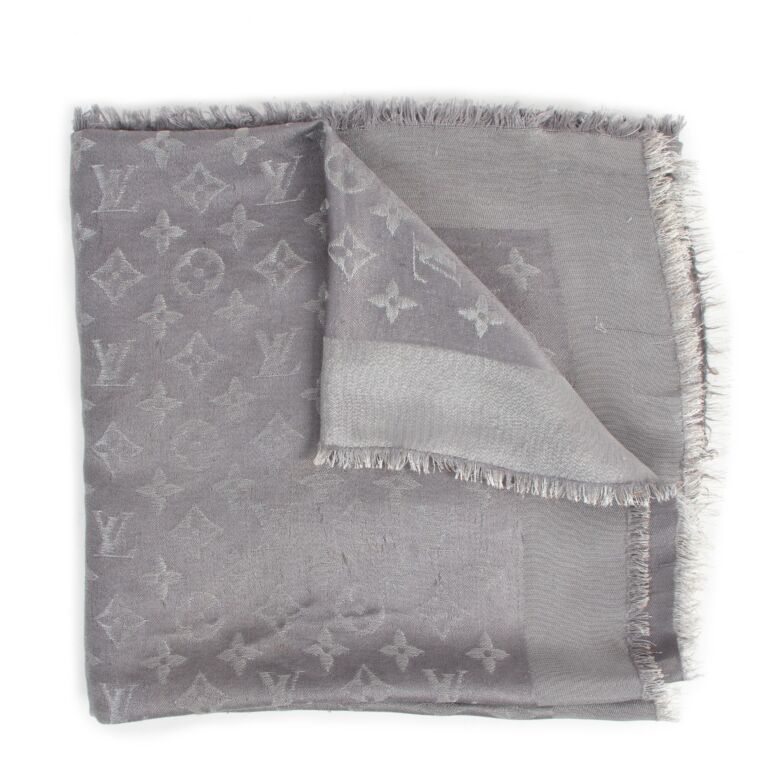 LOUIS VUITTON Silk Wool Jacquard Since 1854 Monogram Shawl Gray