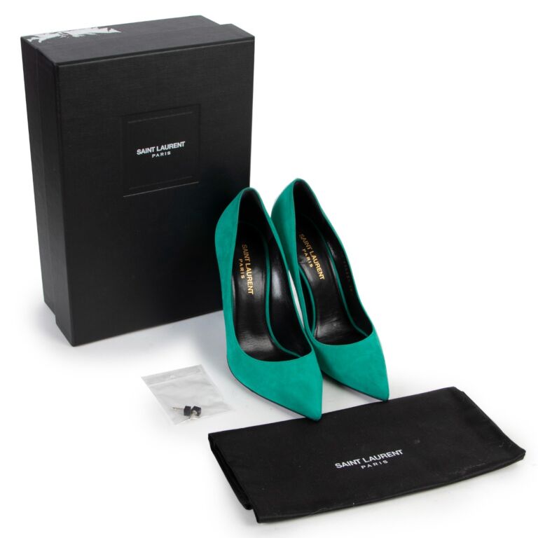Saint Laurent Paris Anja Green Suede Heels Size 38 5 Labellov