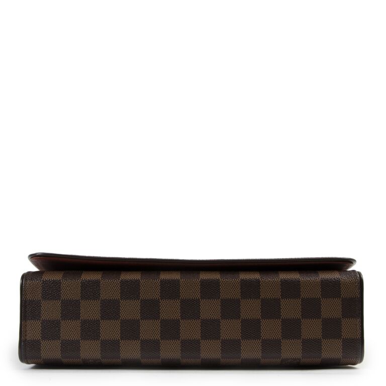 LOUIS VUITTON DAMIER EBENE TRIBECA SHOULDER BAG, with brown leather strap  and trim, bronze tone hardware, front flap closure, leather lining with  inside zip pocket and main compartment, 28cm x 22cm H.