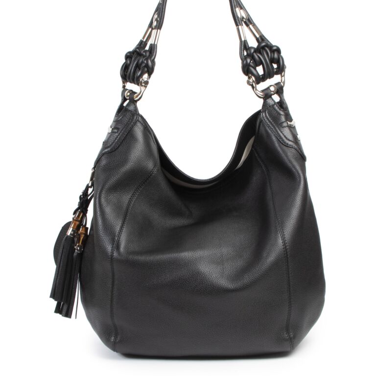 Gucci Black Leather Horsebit Hobo Bag with Silver Hardware.