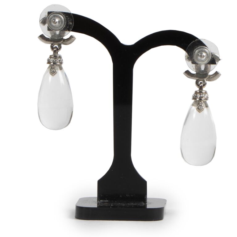Chanel Clear Pendant Drop Earrings Crystal CC Logo ○ Labellov