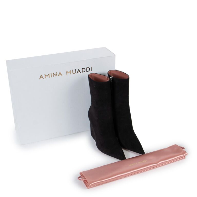 Amina Muaddi Pernille Black Suede Wedge Boots ○ Labellov