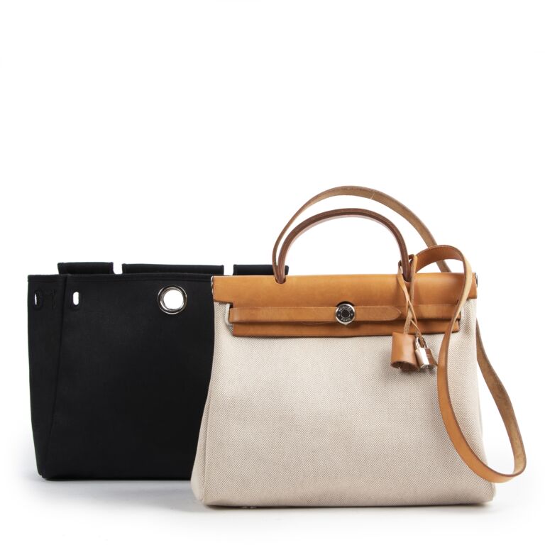 Hermes Black And Beige Canvas 2 in 1 Herbag Labellov Buy and Sell Authentic Luxury