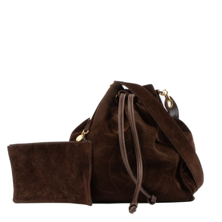 Brown suede bucket bag shop