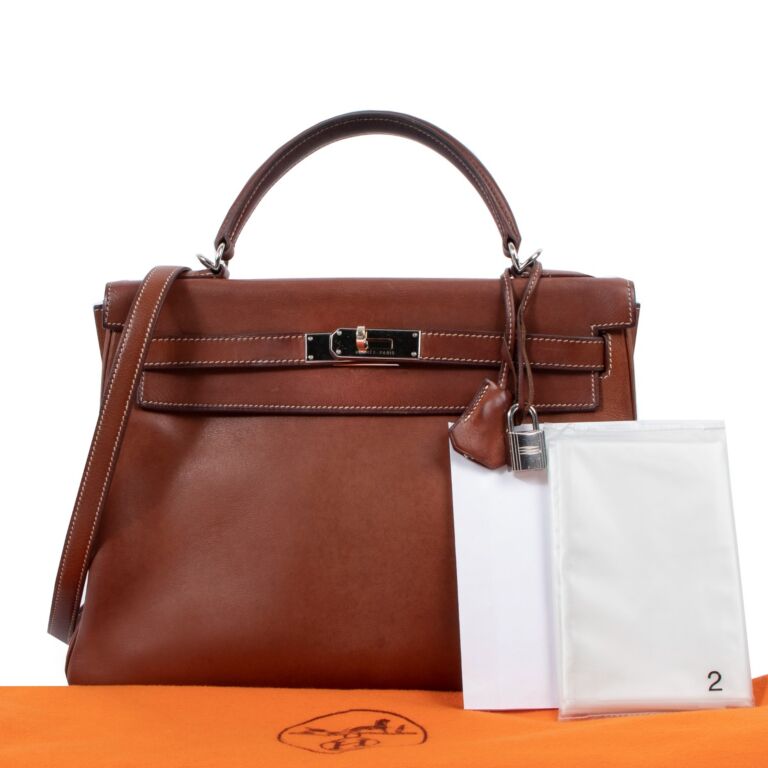 Hermes 35cm Natural Barenia Leather Brushed Palladium Plated Kelly Retourne  Bag - Yoogi's Closet