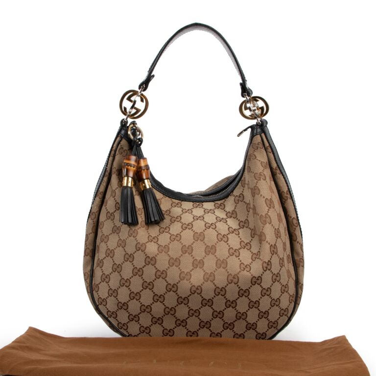 Gucci Black Monogram Canvas & Bamboo Hobo Bag .  Luxury