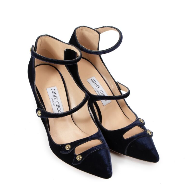珍しい  85 Lacey Velvet Blue Choo Jimmy Pumps 37,5 size - 靴