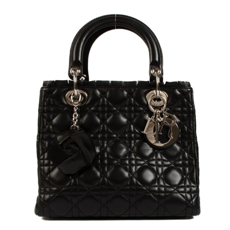 Dior Black Cannage Ruffle Trim Medium Lady Dior Bag Labellov