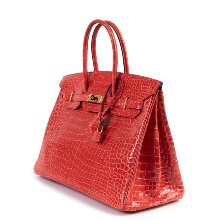 Hermes Geranium Red Crocodile Gold Birkin 25 Handbag