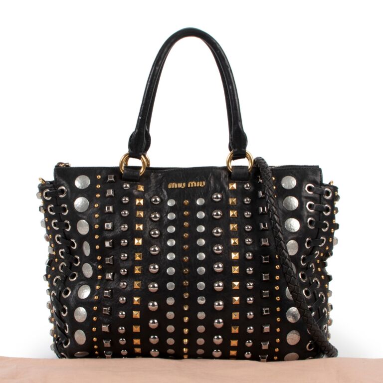 在庫処分セール 言い換え Miu Miu Black Shoulder All-Over Studded Shopper ○ Labellov バッグ
