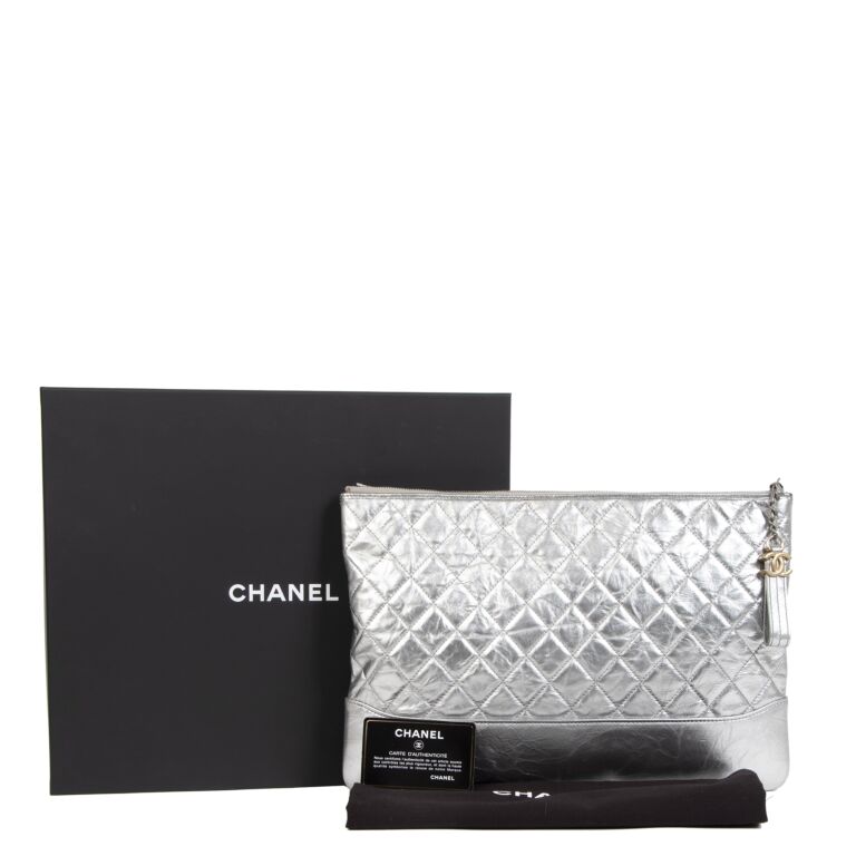 Chanel Gabrielle O Case Silver Metallic Quilted Leather Clutch