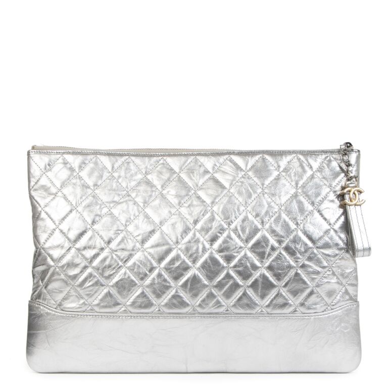 Chanel Gabrielle O Case Silver Metallic Quilted Leather Clutch