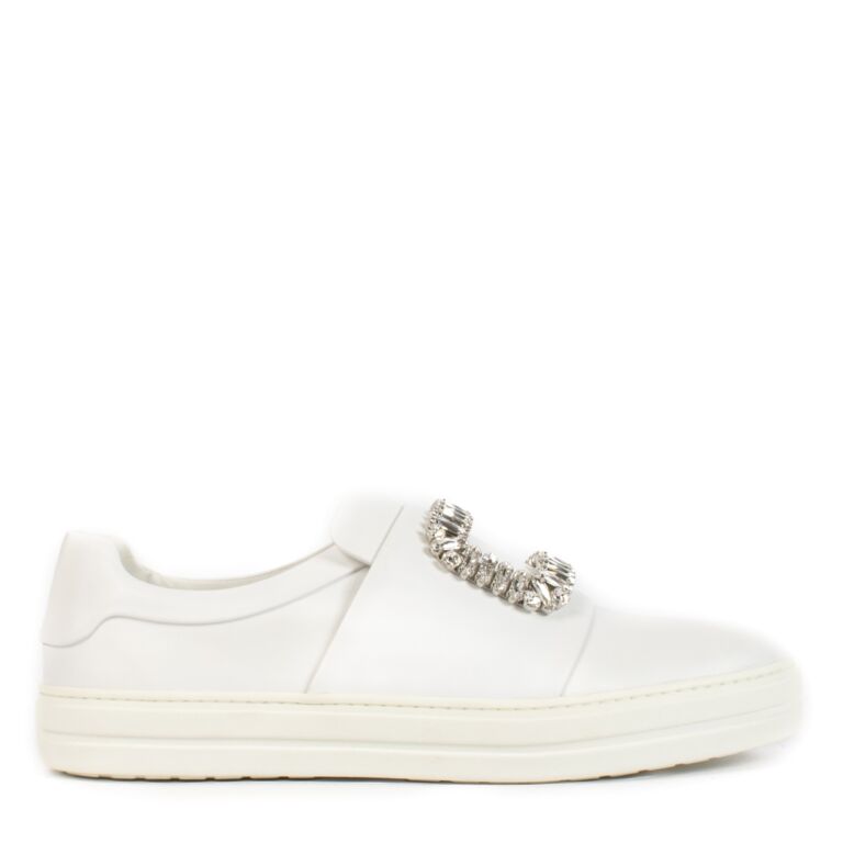 Roger Vivier White Leather Crystal Buckle Viv