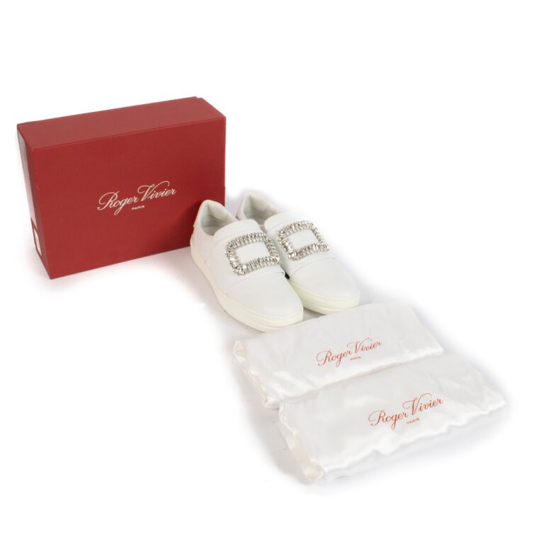 Roger Vivier White Leather Crystal Buckle Viv
