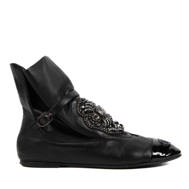 Chanel Black Crystal Embellished CC Cap Toe Boots Size 38 Labellov Buy and Sell Authentic Luxury