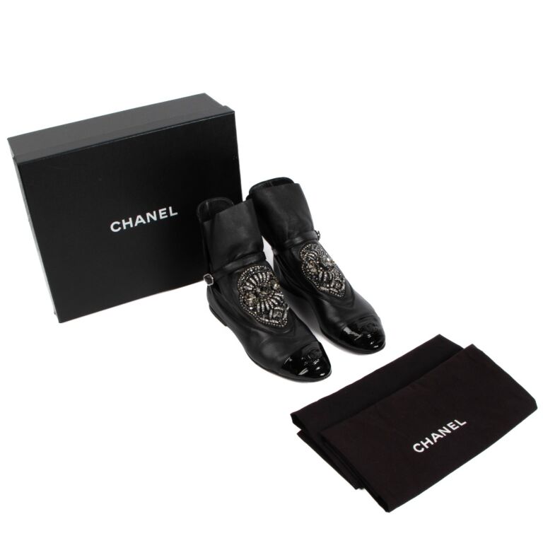 Chanel Black Leather CC Embellished Ankle Length Boots Size 38