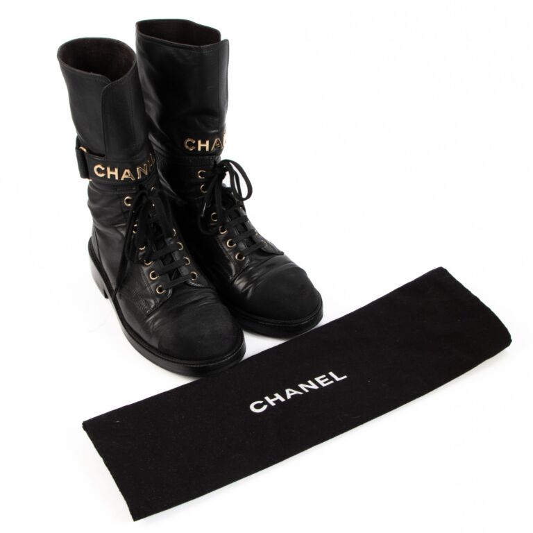 Chanel Black Calf Leather Lace Up Boots - Size 38 ○ Labellov