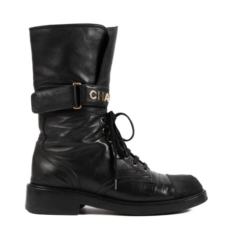 Chanel Black Calf Leather Lace Up Boots Size 38 Labellov
