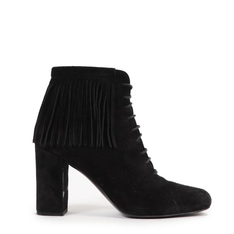 Saint Laurent Black Suede Fringe Ankle Boots Size 38 Labellov Buy and Sell Authentic Luxury