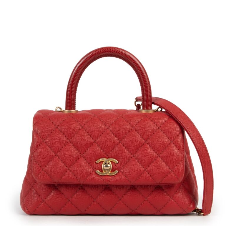 Chanel Red Caviar Quilted Small Lizard Coco Handle Flap Bag